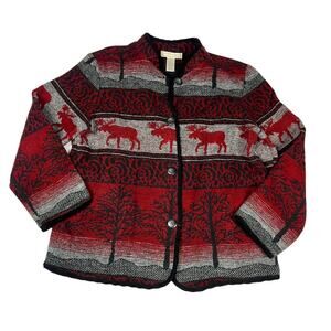 Studio Works Woven Jacket Button Front Elk‎ Moose Fair Isle Cardigan Women's M